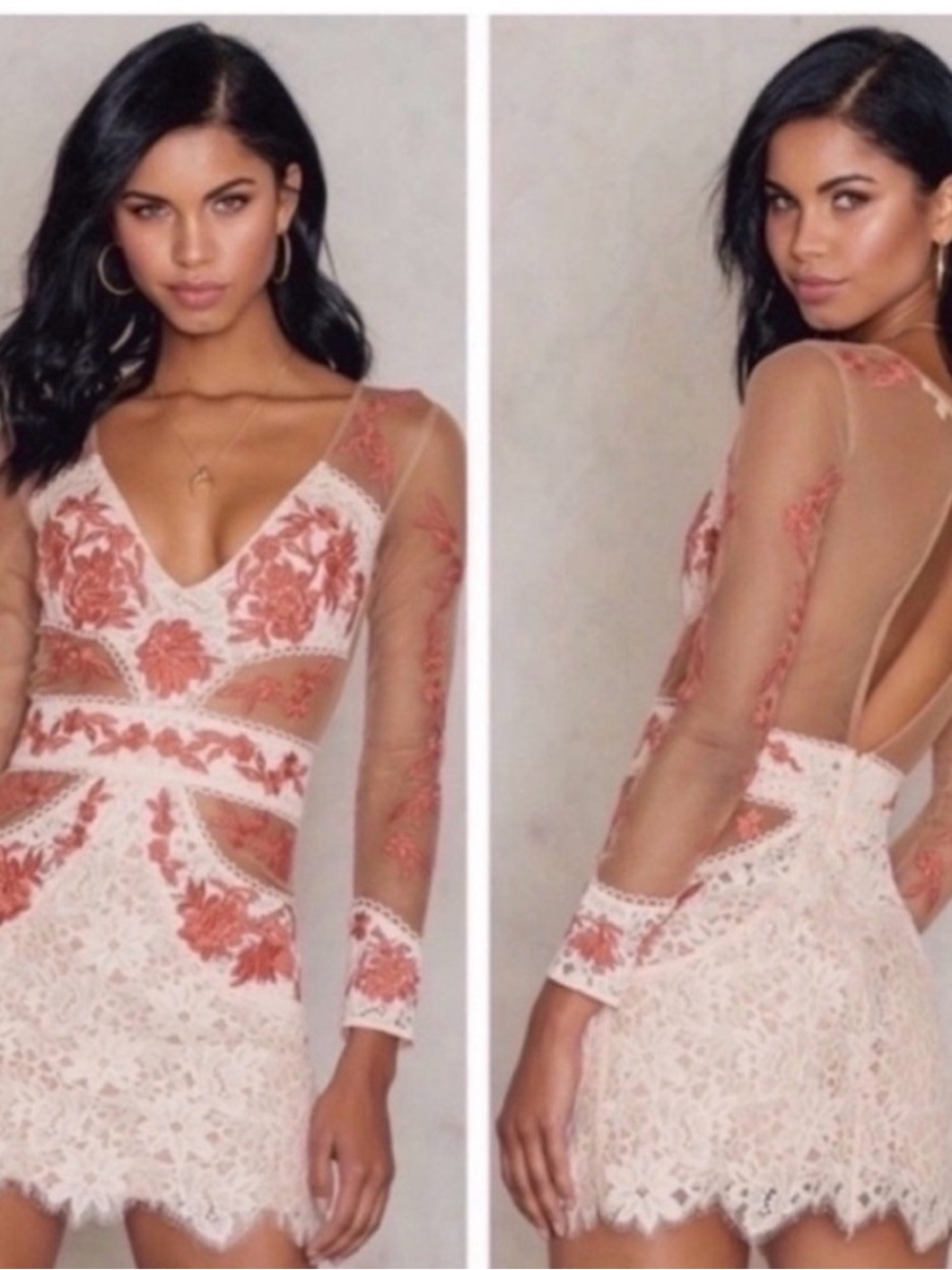 For Love And Lemons Pink Lace Mini Dress with Coral Floral Embroidery